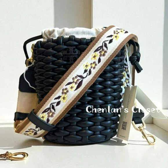 Tory Burch Emerson Woven Mini Bucket Bag Black With Gold Hardware - Picture 6 of 13